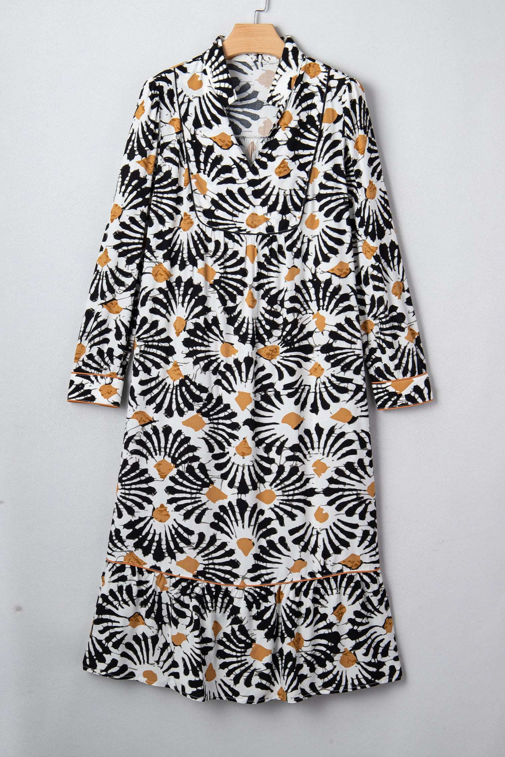 Black Abstract Floral Print Split V Neck Long Dress with Sleeves