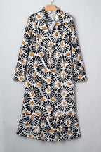 Black Abstract Floral Print Split V Neck Long Dress with Sleeves