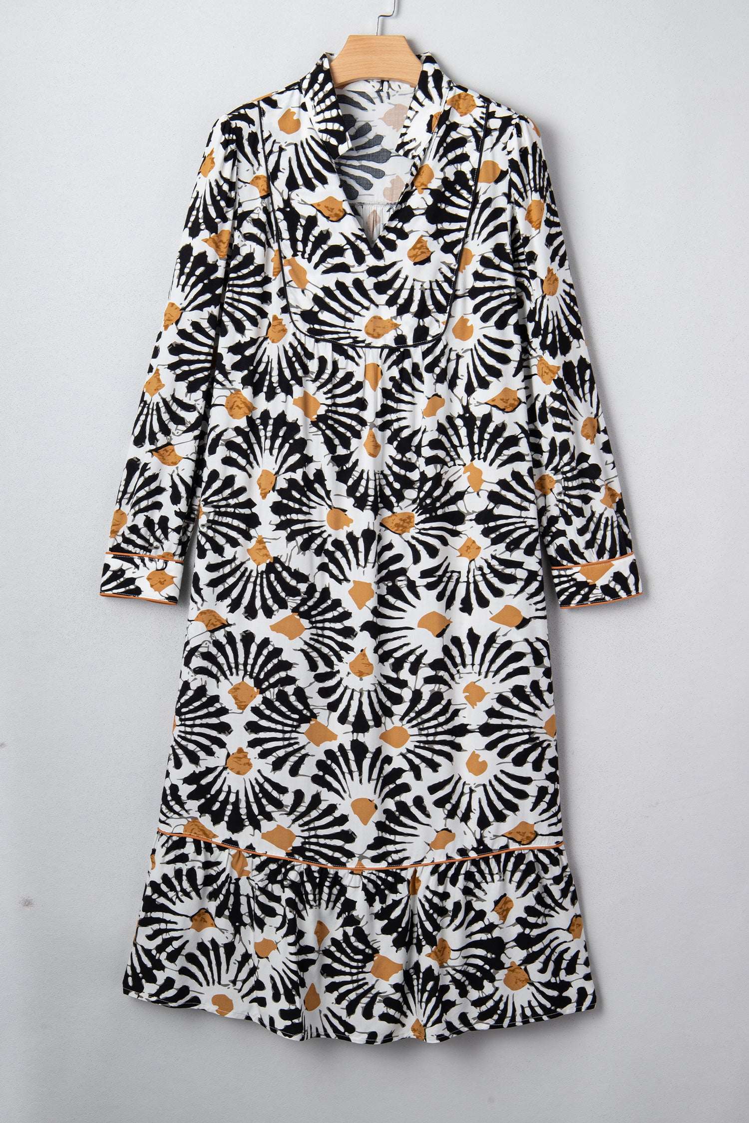 Black Abstract Floral Print Split V Neck Long Dress with Sleeves