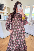 Brown Floral Print Button Front Ruffle Hem Midi Dress
