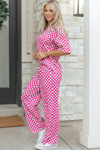 Khaki Checkered Print Half Sleeve Tee 2pcs Lounge Pant Set