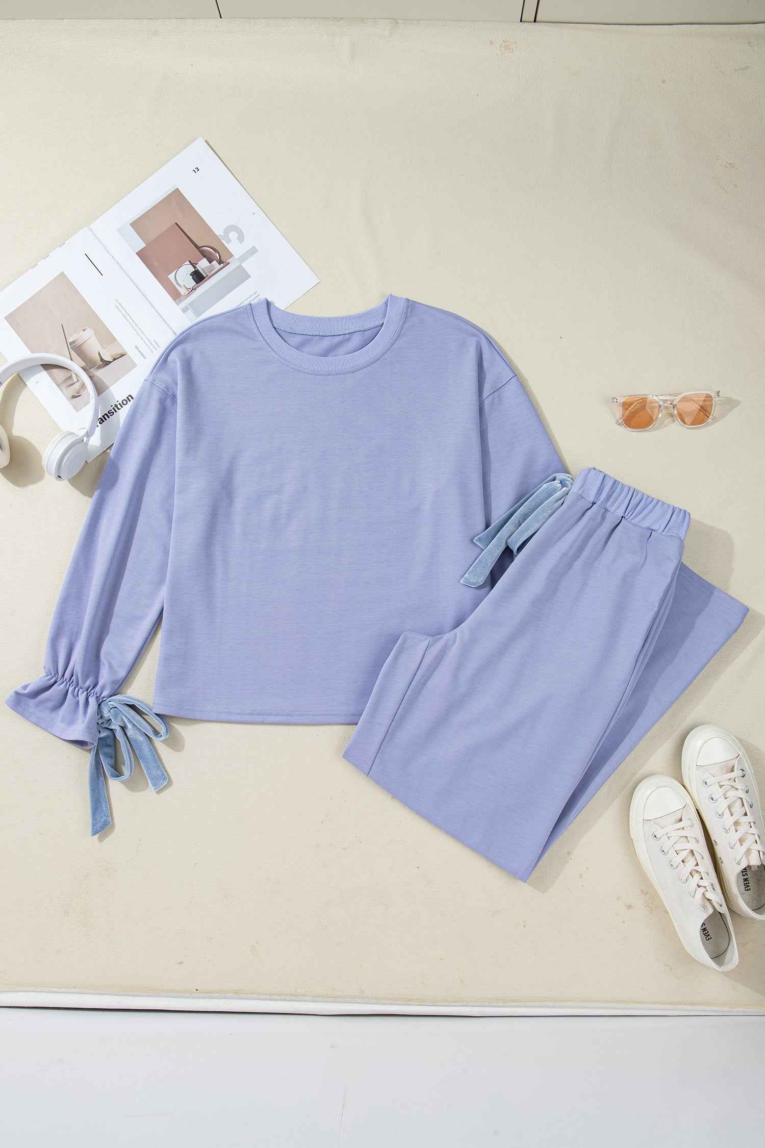 Beau Blue Flounce Long Sleeve Top Drawstring Pants Contrast Velvet Bow Knot 2pcs Lounge Set