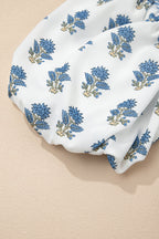 Sky Blue Floral Puff Sleeve Tied Neck Pocketed Mini Dress