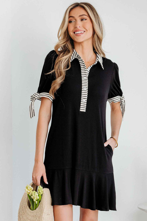 Black Stripe Detail Polo Collar Half Buttons Tied Short Sleeve Shift Mini Dress
