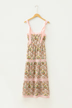 Green Geometric Floral Print Striped Patchwork Detail Sleeveless Dress（Runs Small ）