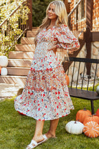 Khaki Floral Print Ruffled Tiered Long Sleeve V Neck Midi Dress