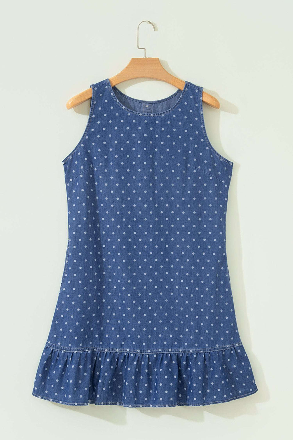 Blue Polka Dot Ruffle Hem Sleeveless Denim Mini Dress