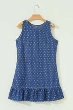 Blue Polka Dot Ruffle Hem Sleeveless Denim Mini Dress