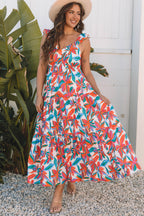 Red Boho Floral Ruffled Strap V Neck Maxi Dress