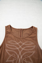Coffee Geometric Embroidery Sleeveless Corduroy Shift Dress