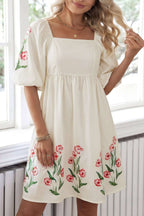 Beige Floral Print Puff Sleeve Babydoll Dress