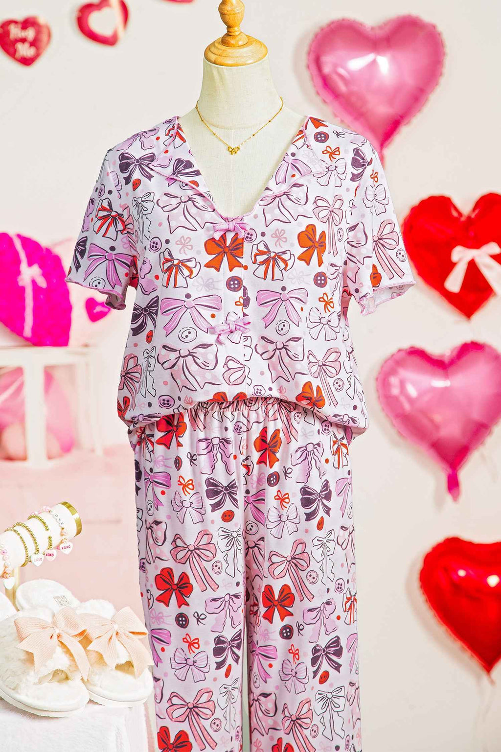 Pink Diverse Bows Buttons Printed Contrast Trim Short Sleeve Shirt Pajama Pant Set