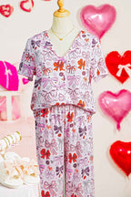 Pink Diverse Bows Buttons Printed Contrast Trim Short Sleeve Shirt Pajama Pant Set