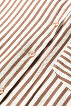 Brown Stripe Textured 3/4 Sleeve Round Hem Split Midi Shirt Dress