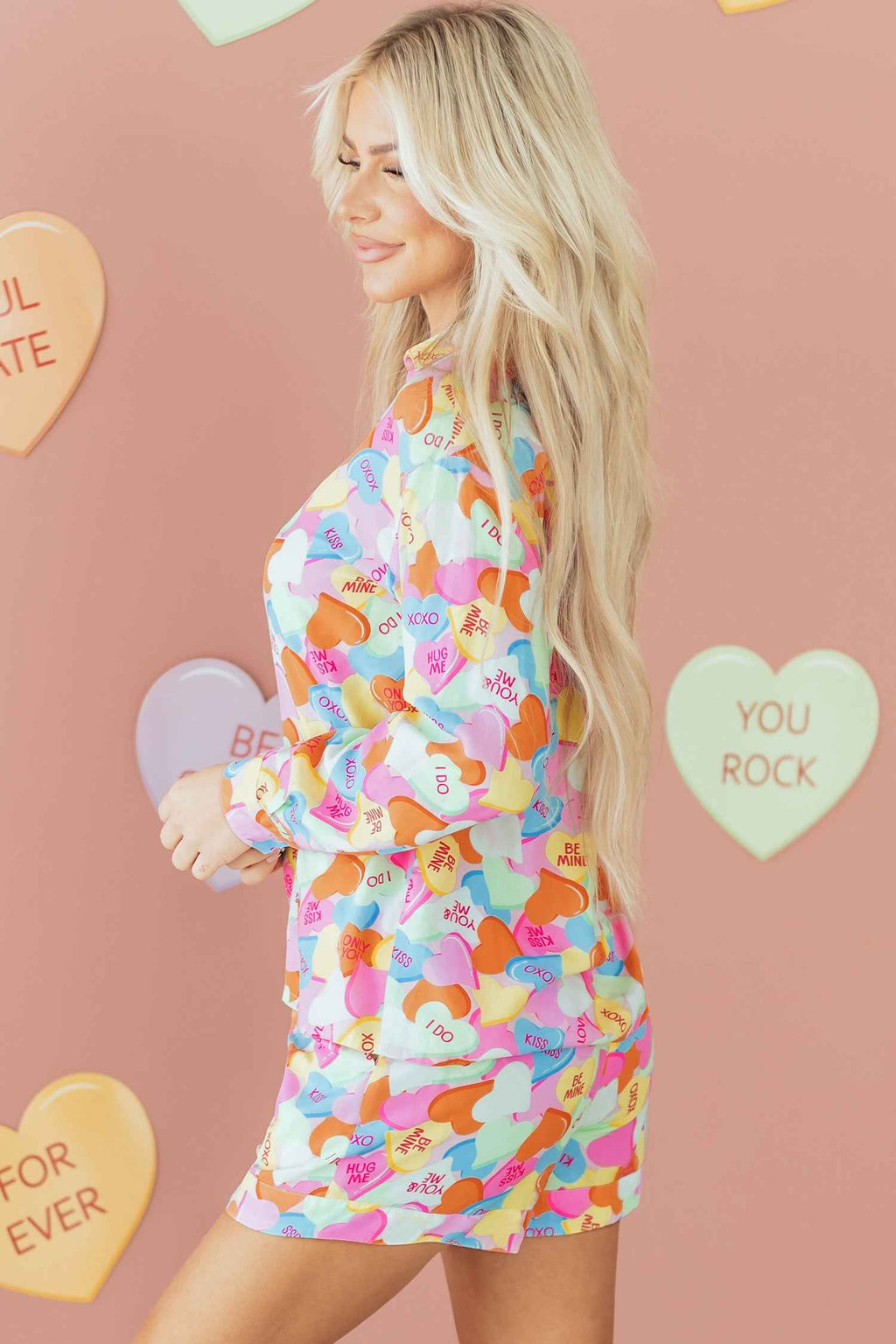 Pink Valentines Candy Heart V Neck Collared Tunic Shirt and Shorts 2pcs Pajama Set