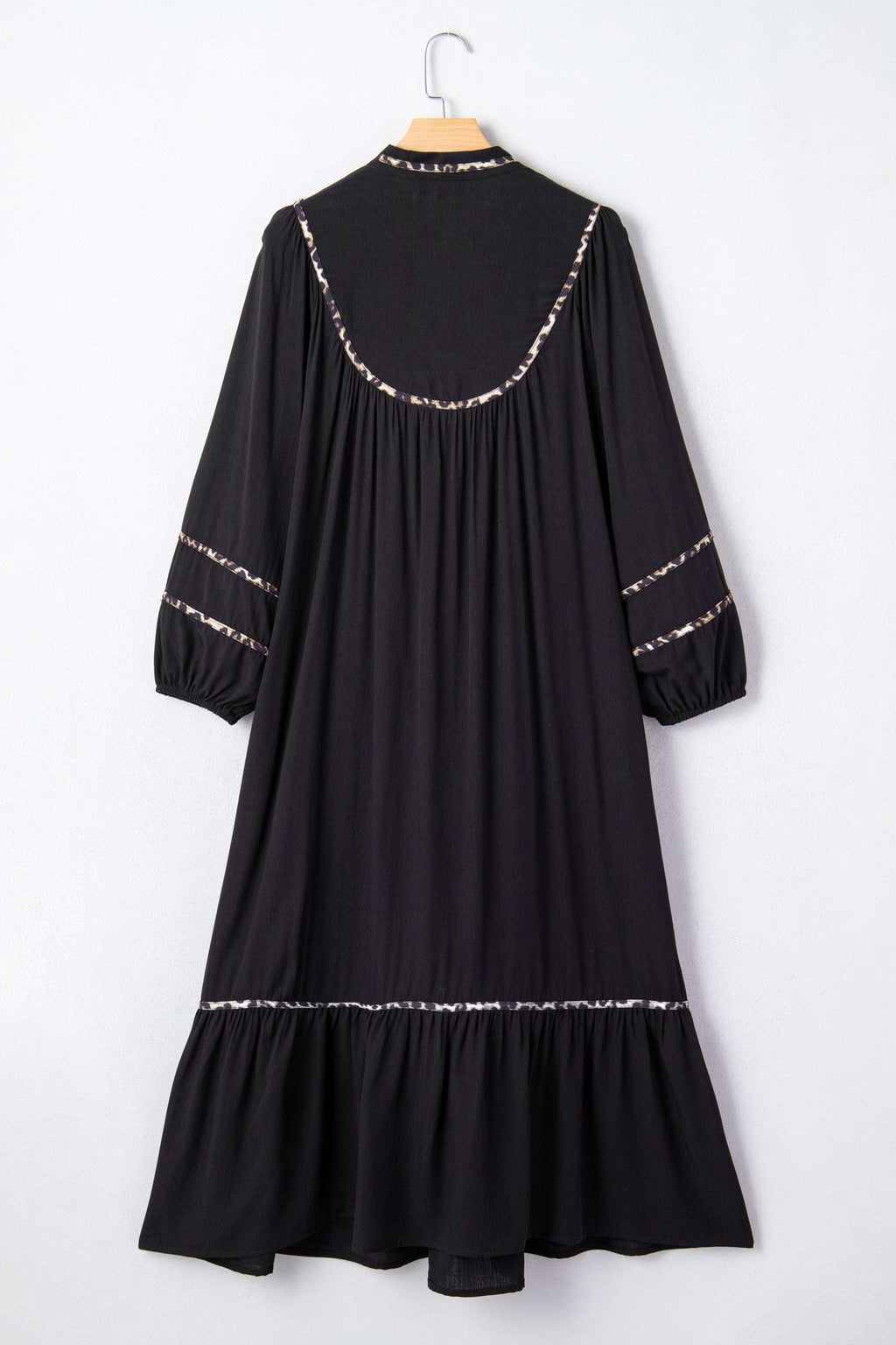 Black Contrast Leopard Trim Split Neck Long Sleeve Casual Midi Dress
