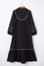 Black Contrast Leopard Trim Split Neck Long Sleeve Casual Midi Dress