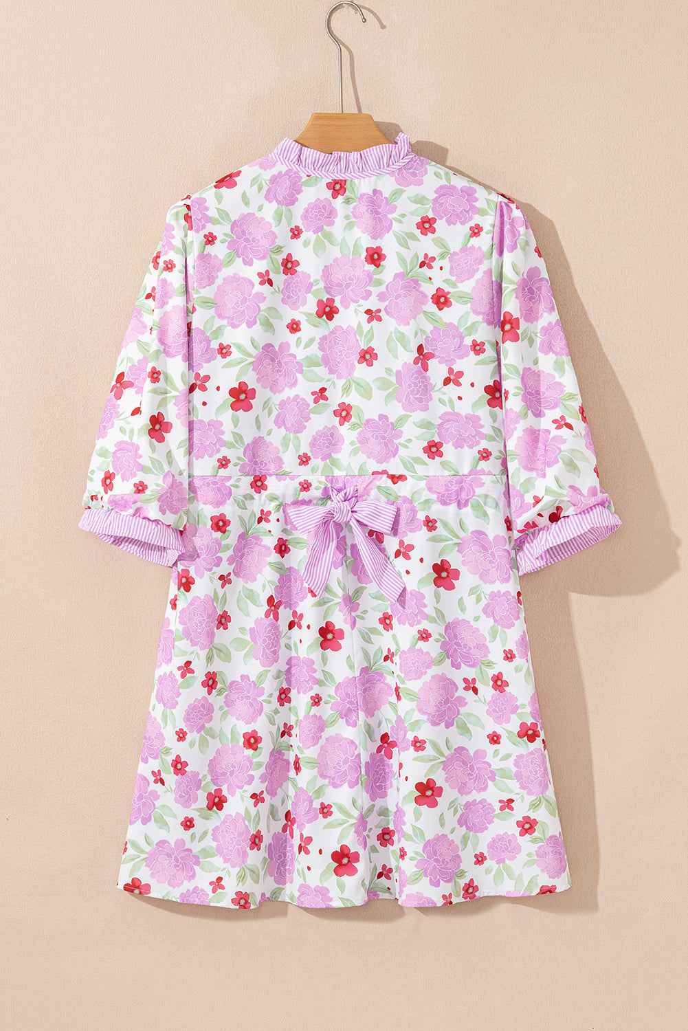 Pink Floral Print Striped Trim Frilled Neck 3/4 Sleeve Flared Mini Dress