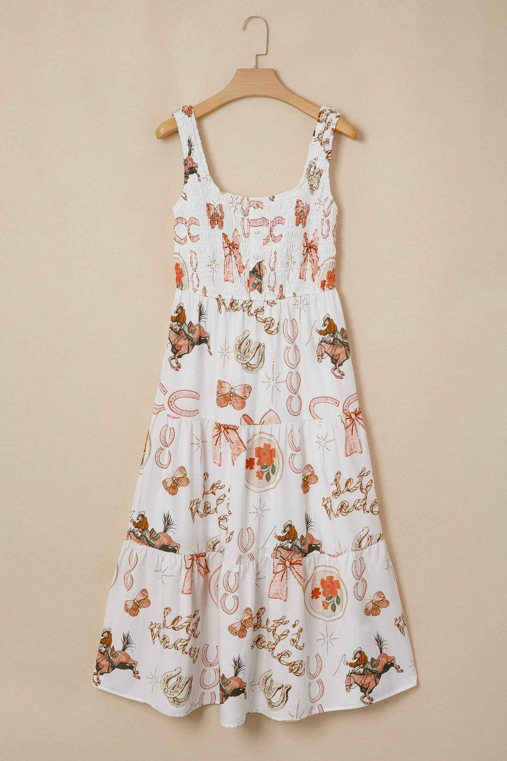 White Western Horseshoe Print U-Neck Sleeveless Midi Dress