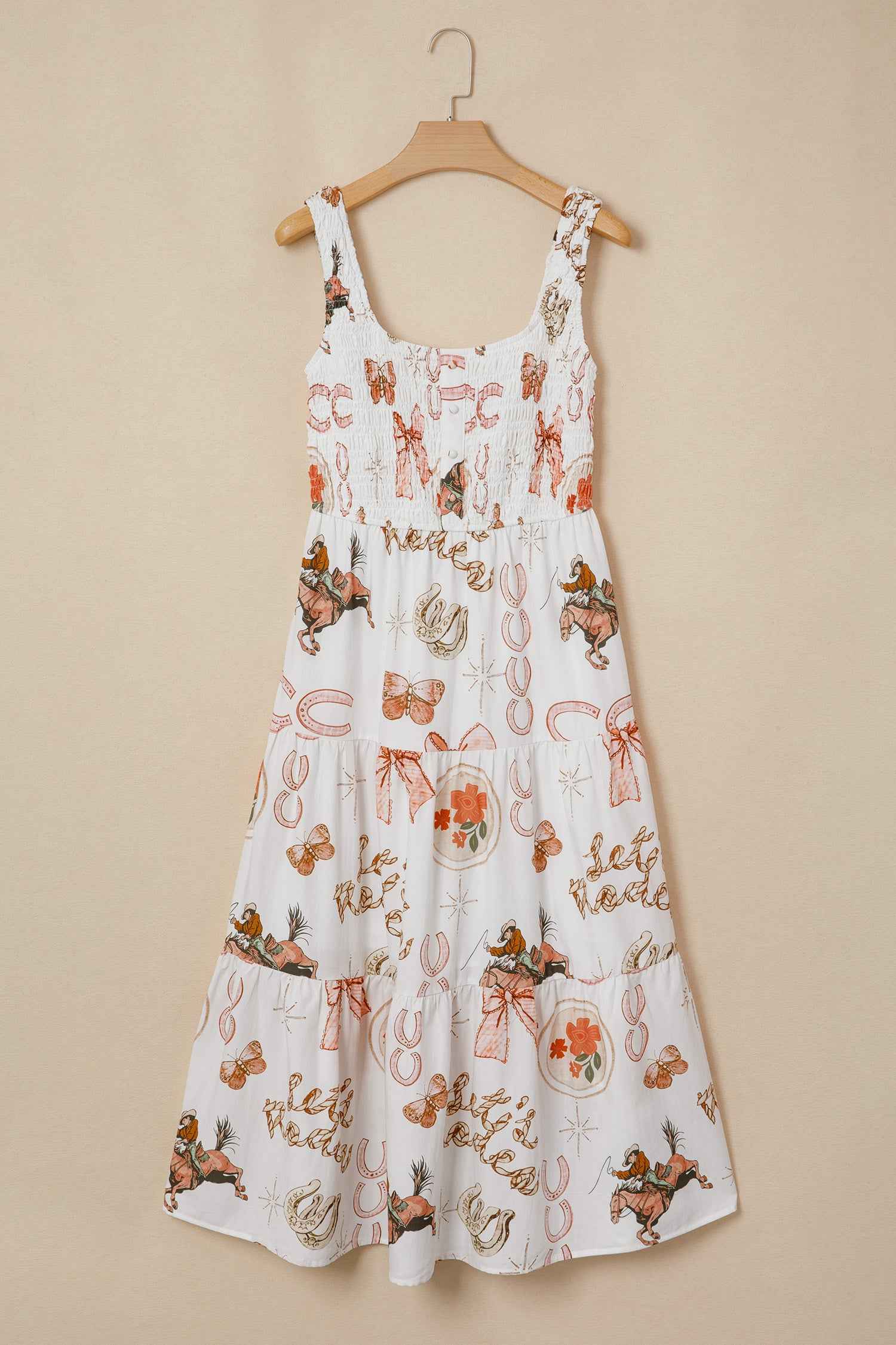 White Western Horseshoe Print U-Neck Sleeveless Midi Dress