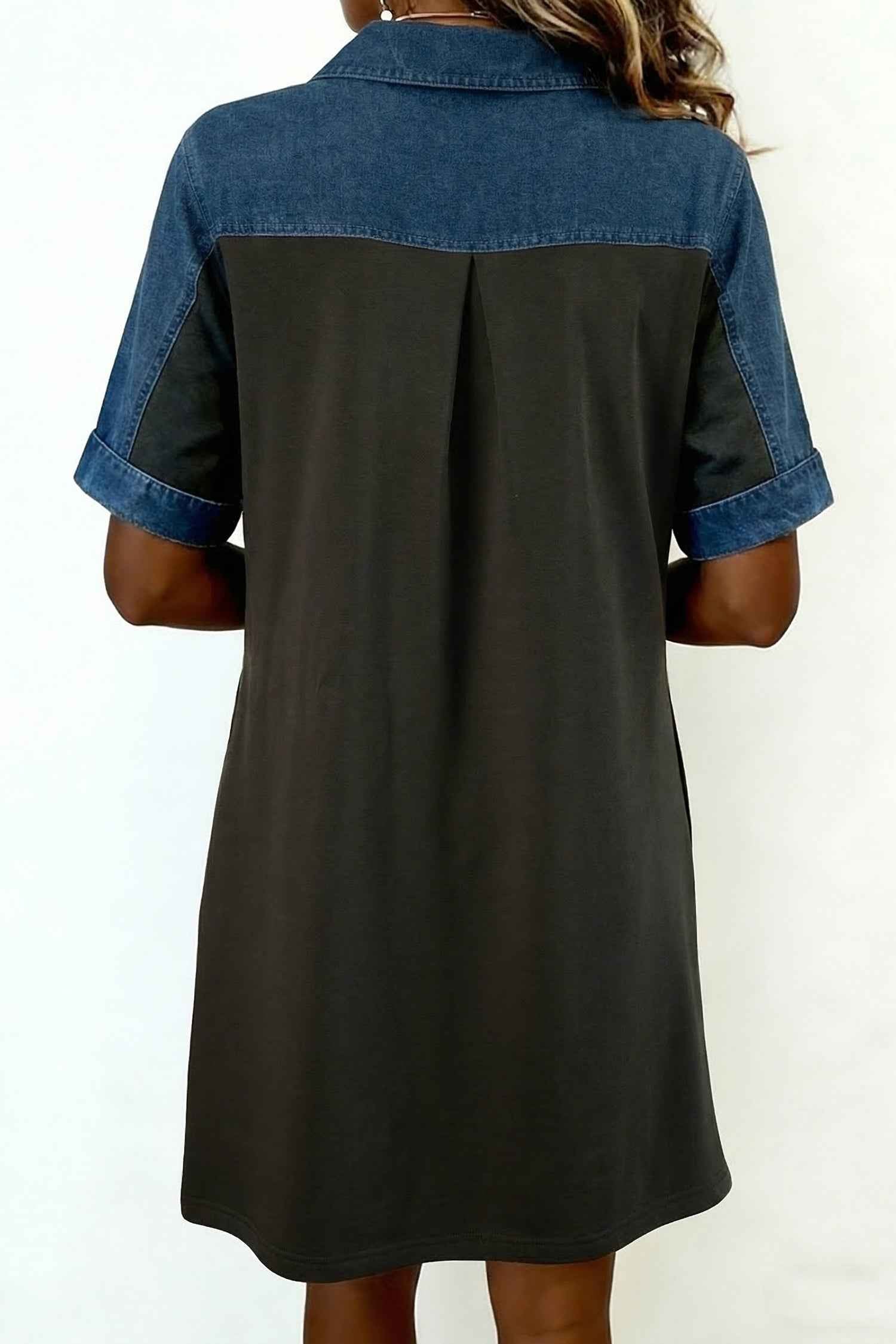 Carbon Grey Color Block Denim Patchwork Polo Collar T Shirt Shift Dress