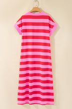 Orange Stripe Cuffed Short Sleeve Pocketed Casual T Shirt Long Dress