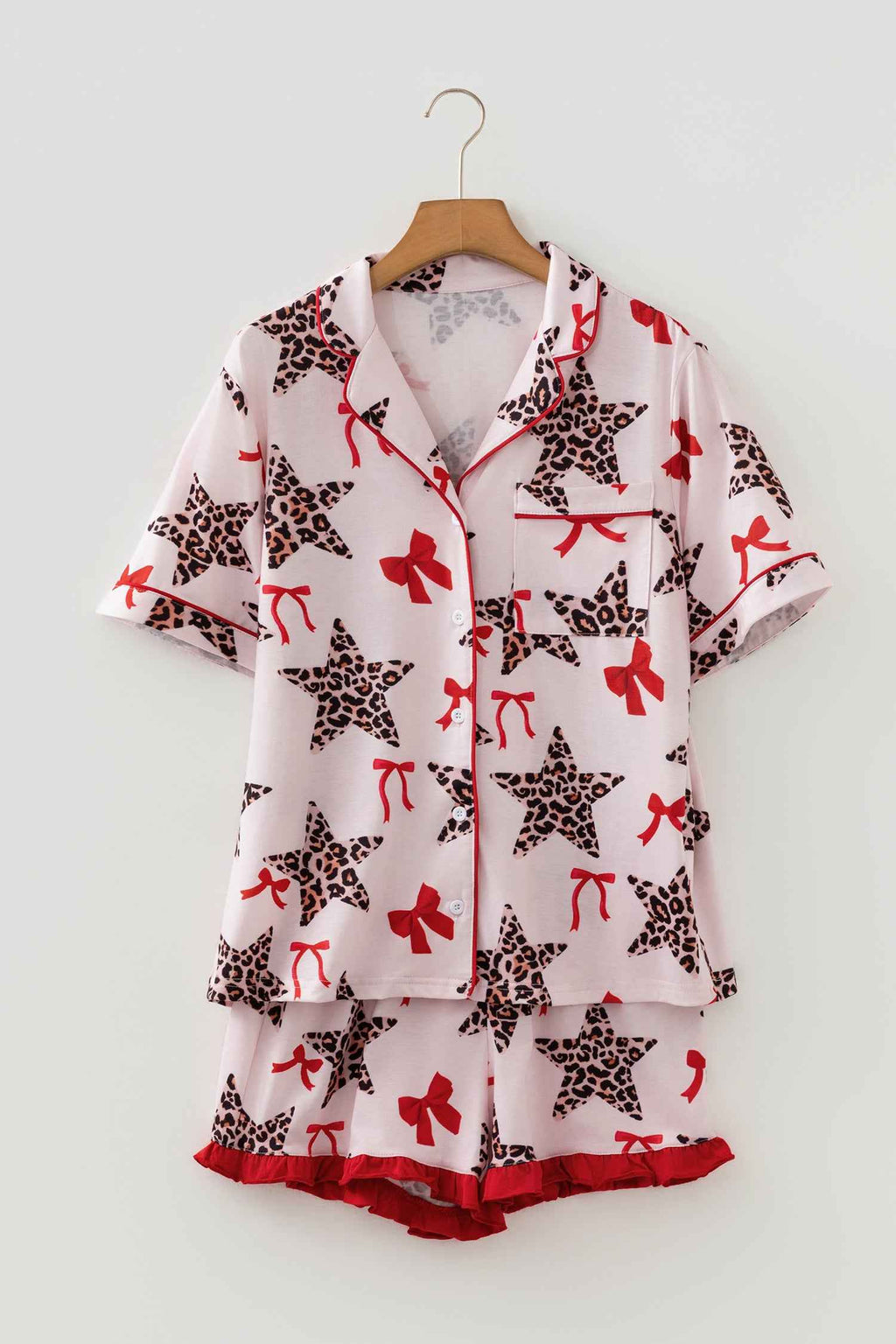 White Leopard Star Ribbon Bow Print Contrast Trim Short Pajama Set