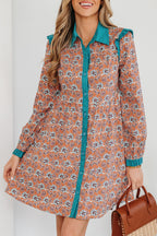 Orange Boho Floral Contrast Collared Shirt Mini Dress