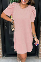 Mint Green Corded Knit Crew Neck Puff Sleeve Shift Mini Dress