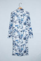 Sky Blue Floral Print Sheath Elegant Long Sleeve Dress