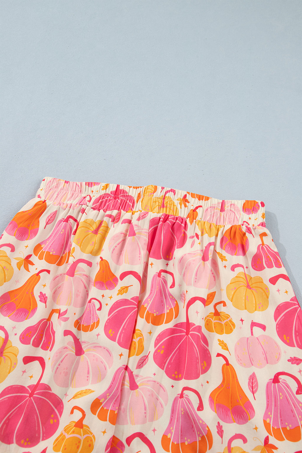 Pink Short Sleeve Pumpkin Print Pocket Placket Shell Button Lounge Set - MuseLover