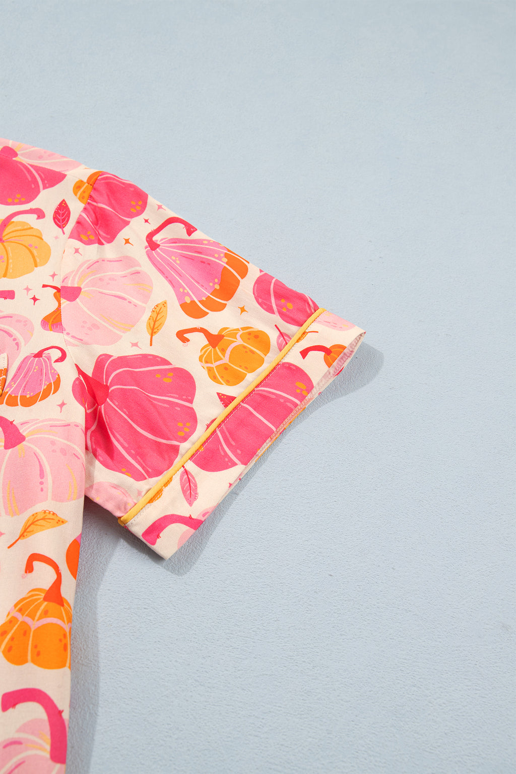 Pink Short Sleeve Pumpkin Print Pocket Placket Shell Button Lounge Set - MuseLover