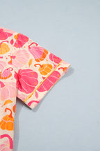 Pink Short Sleeve Pumpkin Print Pocket Placket Shell Button Lounge Set - MuseLover