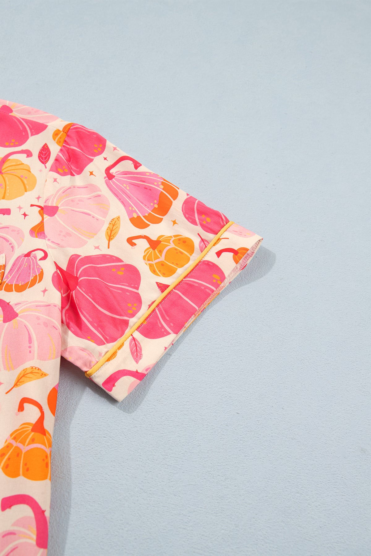 Pink Short Sleeve Pumpkin Print Pocket Placket Shell Button Lounge Set - MuseLover