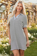 Black Stripe Contrast V Neck Collared Puff Sleeve T Shirt Mini Dress with Pockets