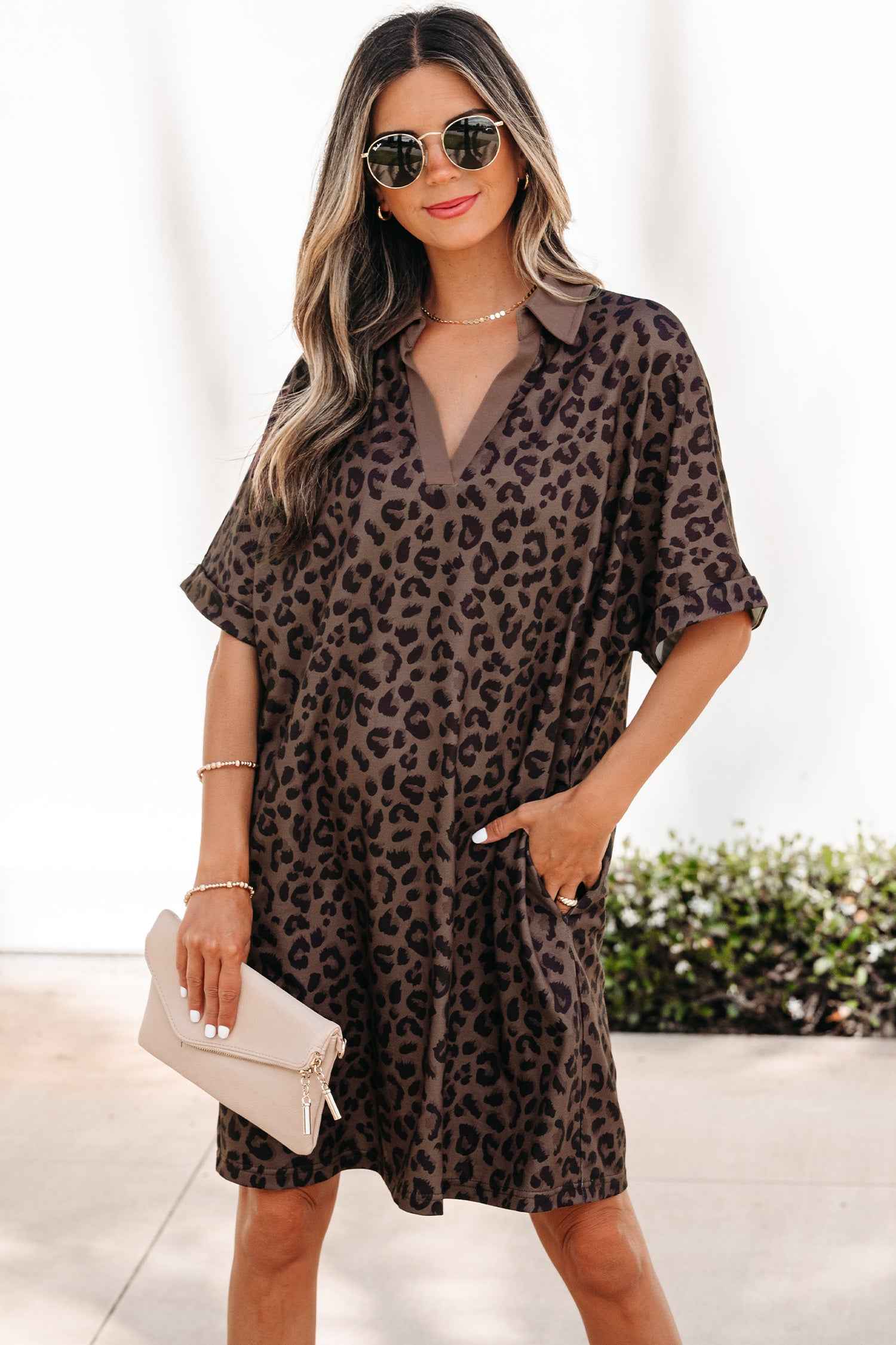 Brown Leopard Print Contrast Collar V-Neck Mini Dress