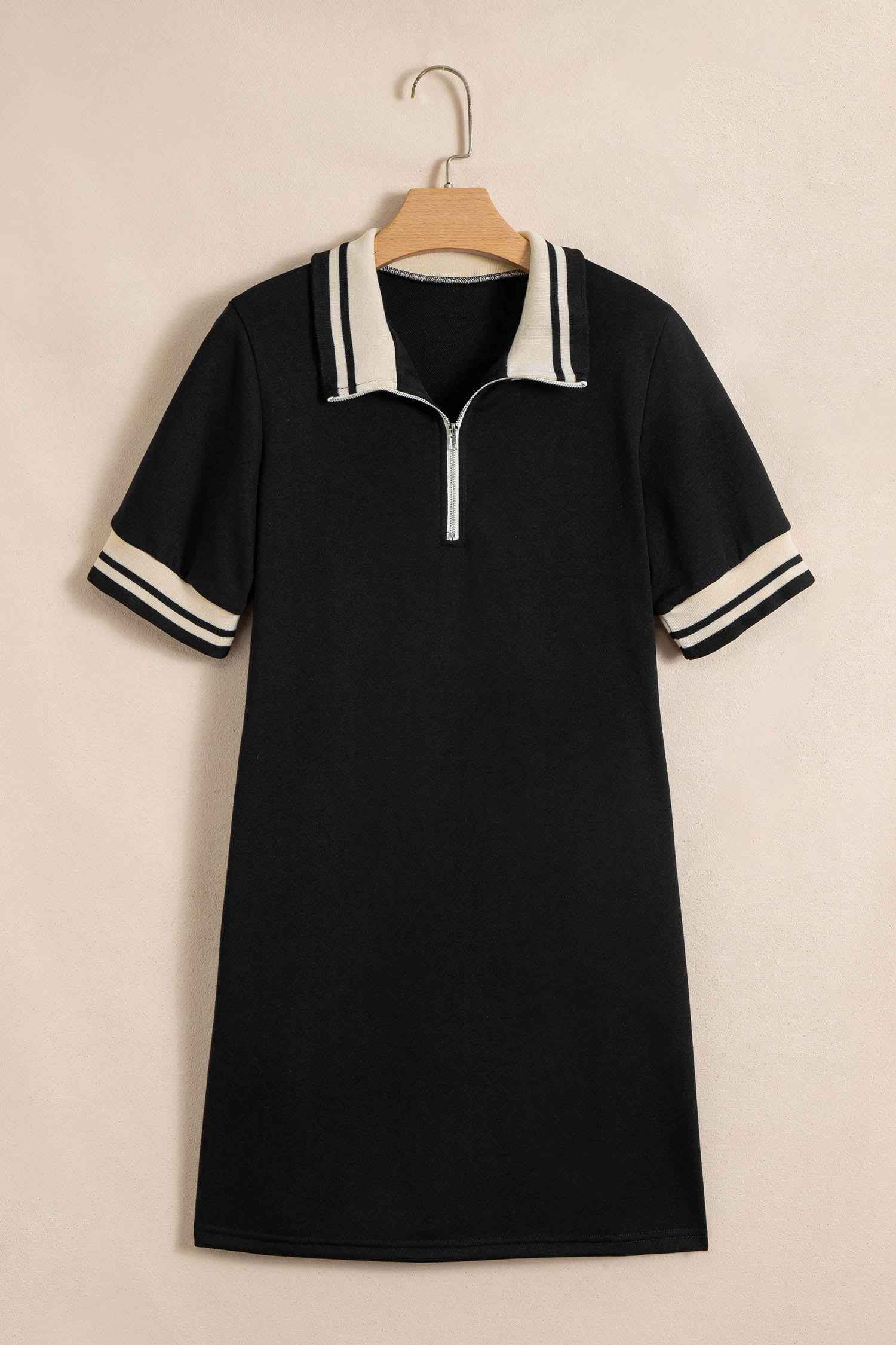 Black Striped Webbing Trim Preppy Polo Tee Dress