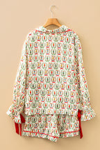 Beige Nutcracker Print Contrast Trim Tied up Bow Silky 2pcs Pajama Set