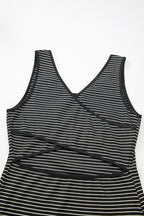 Black Stripe Criss Cross Side Slits Slim Fit Sleeveless Midi Dress