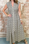 Beige Leopard Zip Front V Neck Cinched Waist Sleeveless Maxi Dress