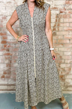 Beige Leopard Zip Front V Neck Cinched Waist Sleeveless Maxi Dress