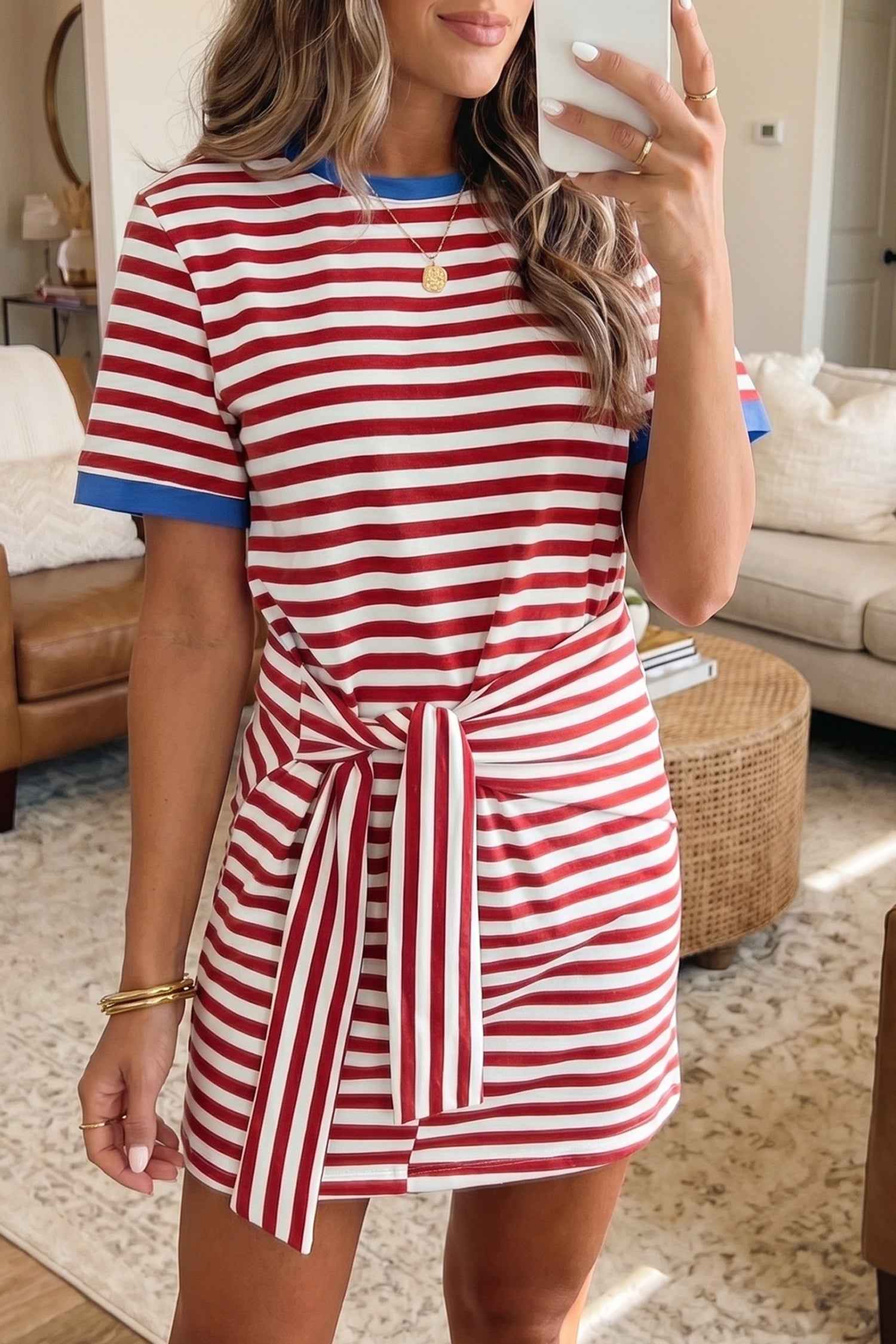 Sky Blue Stripe Nautical Tie Contrast Trim Round Neck T Shirt Mini Dress