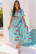 Rose Abstract Print Short Puff Sleeve Tiered Maxi Dress - MuseLover
