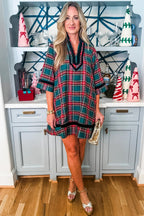 Green Plaid Velvet Trim Pockets Short Shift Dress