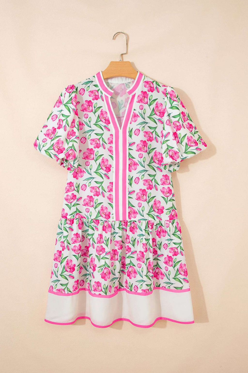 Multicolour Sweet Floral Print Striped Color Block Trim Short Dress