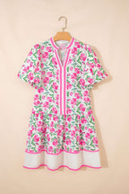 Multicolour Sweet Floral Print Striped Color Block Trim Short Dress