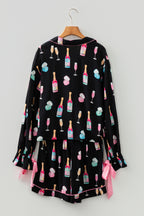 Color black Christmas Wine Glass Print Bow Knot Two Piece Pajama Set