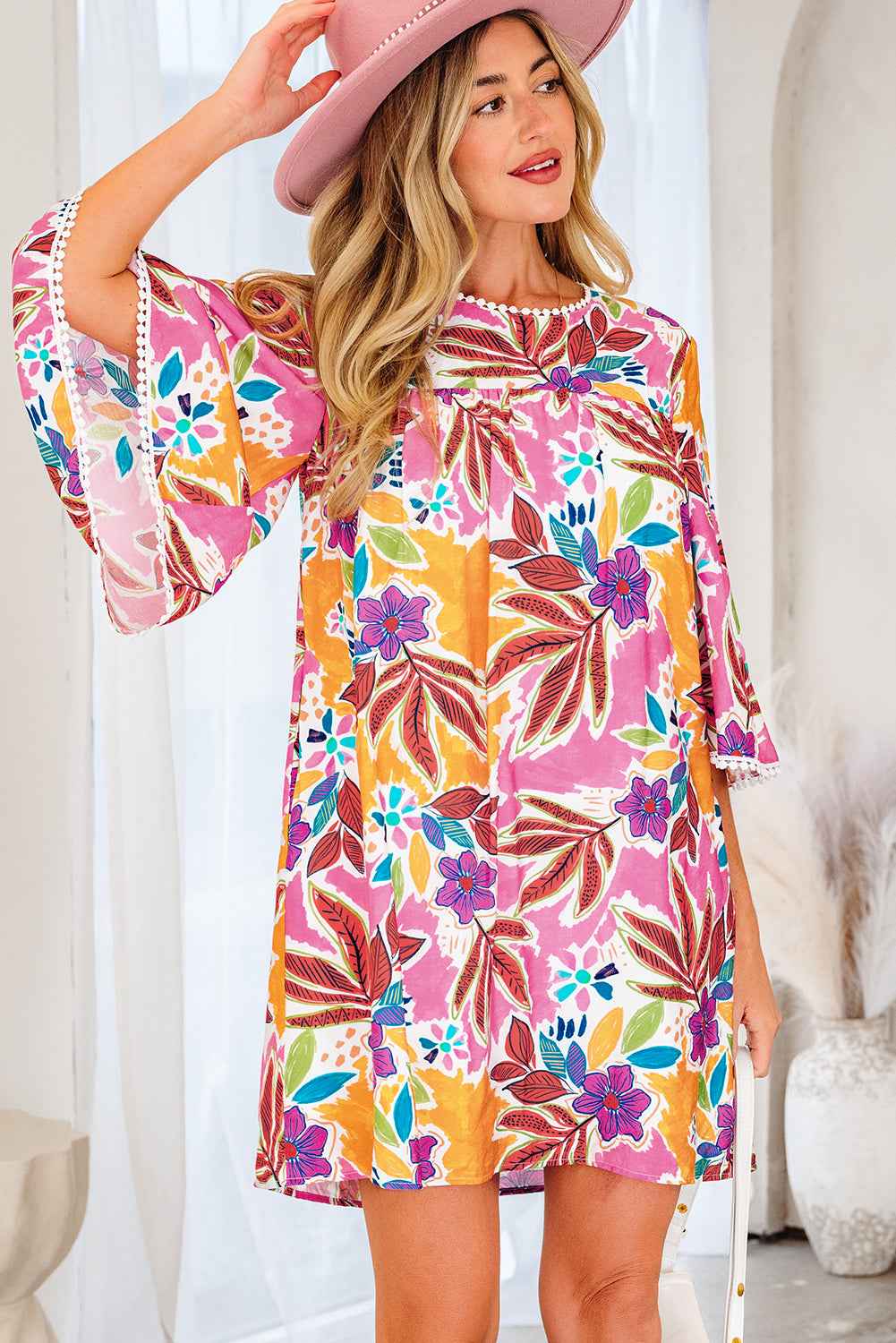 Pink Floral Print Lace Trimmed Tie Back Bell Sleeve Swing Mini Dress