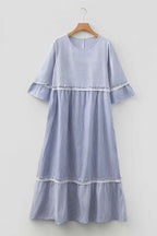 Sky Blue Stripe Patchwork Crossed Lace Detail Bracelet Sleeve Maxi Dress