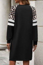 Black Leopard Print Patchwork Varsity Raglan Sleeve Sweatshirt Dress